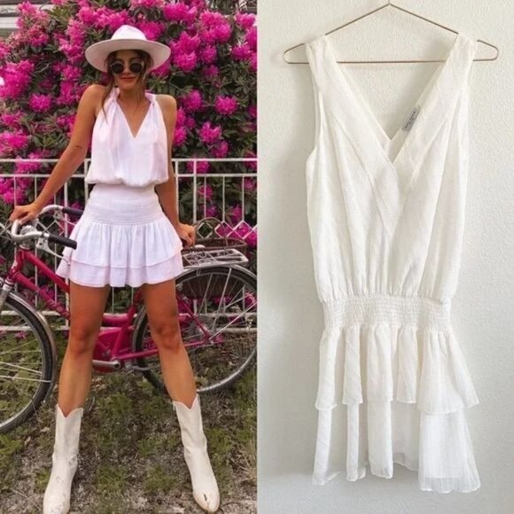 Ramy Brook Dresses & Skirts - Ramy Brook Carl Deep V-Neck Smocked Tiered Textured Ruffle Mini Dress Ivory